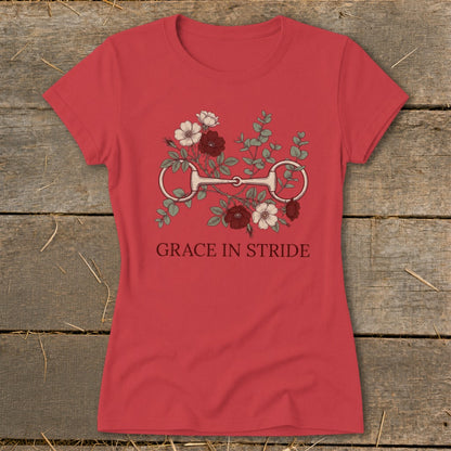 Red t-shirt with floral horse bit graphic and text "GRACE IN STRIDE".