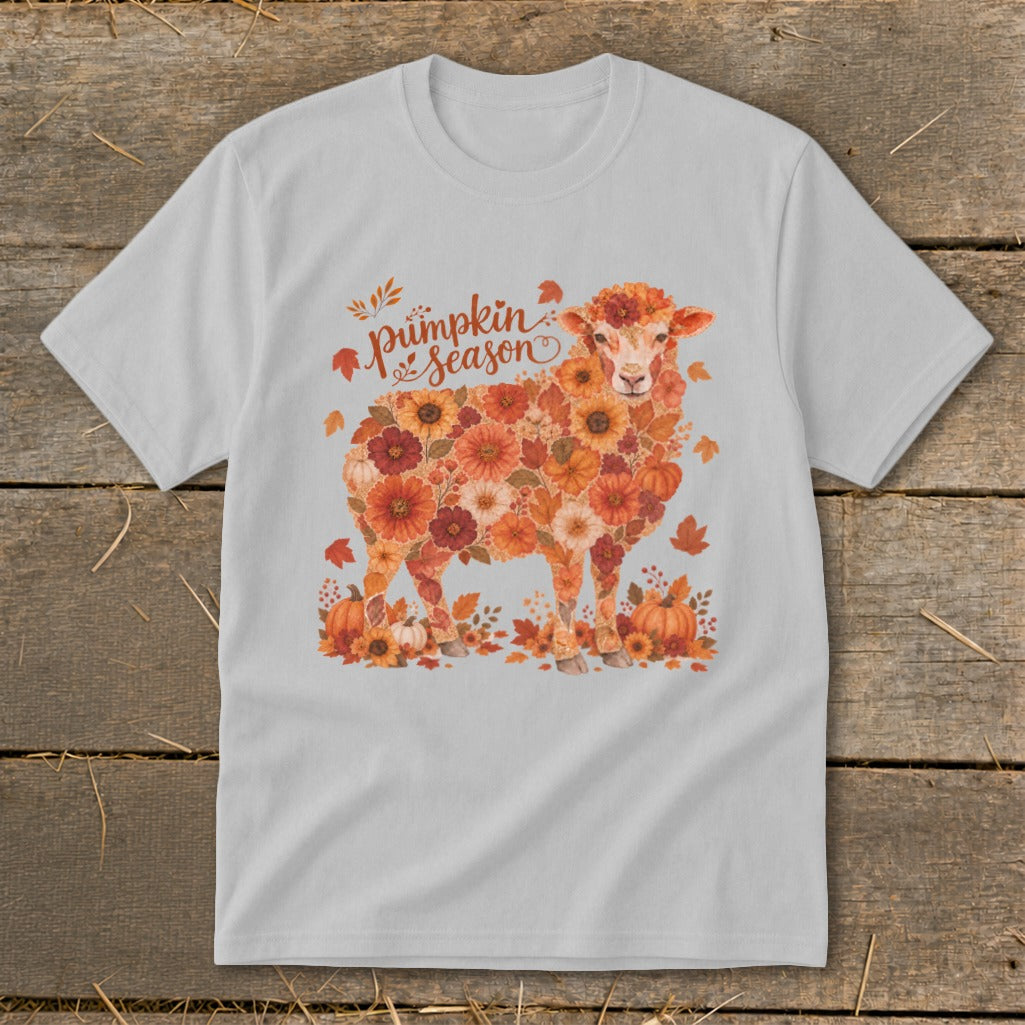 Sheep graphic made of autumn flowers and pumpkins, text says "Pumpkin season."