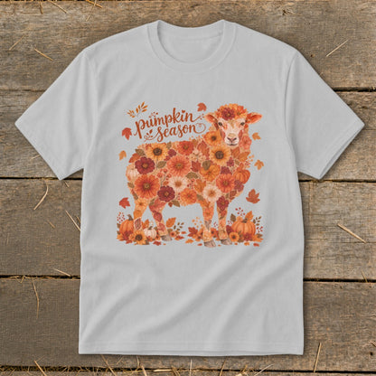 Sheep graphic made of autumn flowers and pumpkins, text says "Pumpkin season."