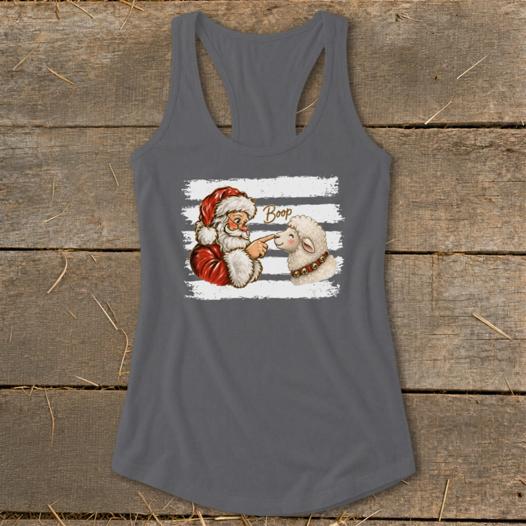 Santa boops a sheep's nose on a gray tank top with horizontal stripes.