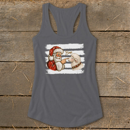 Santa boops a sheep's nose on a gray tank top with horizontal stripes.