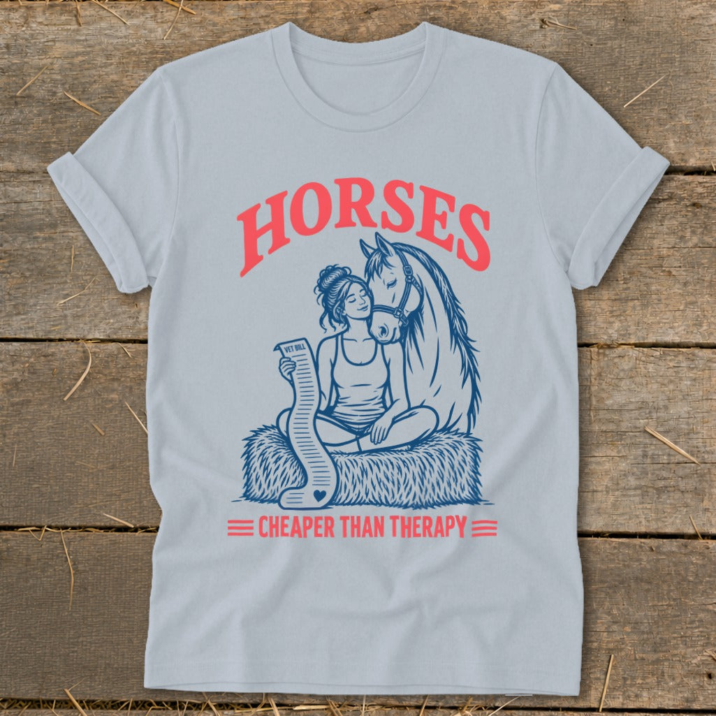 T-shirt graphic of woman and horse with text "Horses Cheaper Than Therapy."