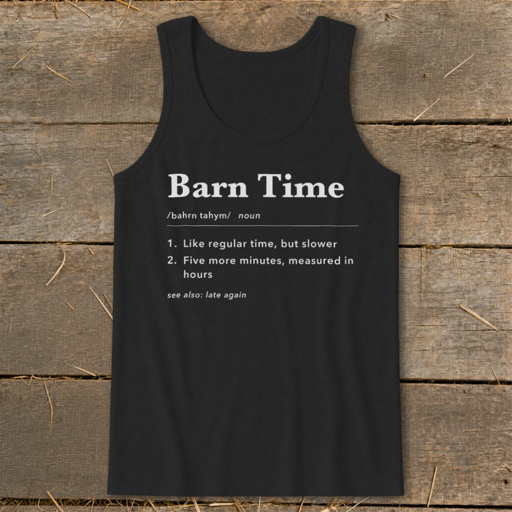 Black tank top with "Barn Time" definition printed in white text.