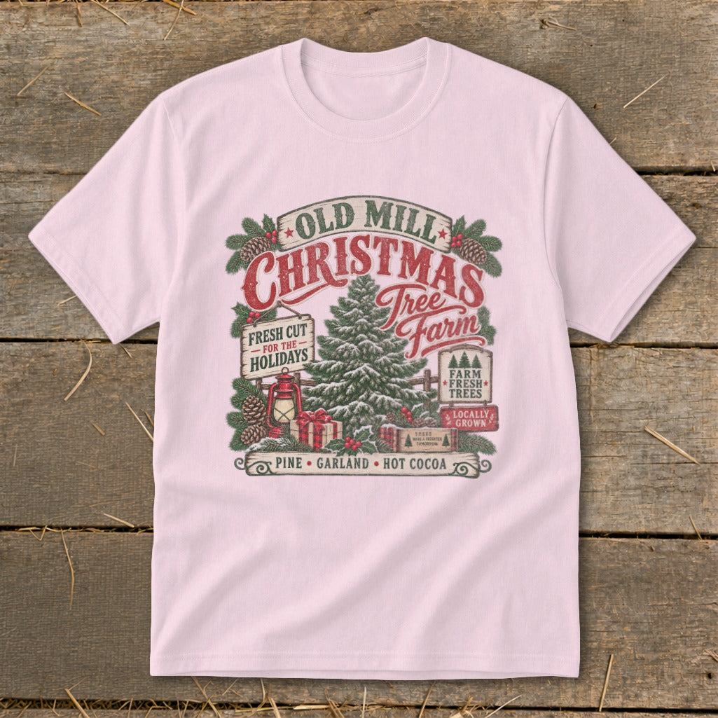 Old Mill Christmas Tree Farm graphic with fresh cut trees, gifts, and hot cocoa.