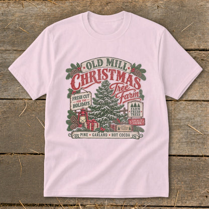 Old Mill Christmas Tree Farm graphic with fresh cut trees, gifts, and hot cocoa.