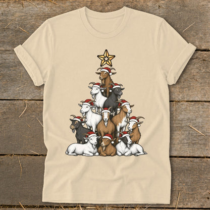 Goats wearing Santa hats arranged in a Christmas tree shape topped with a star.