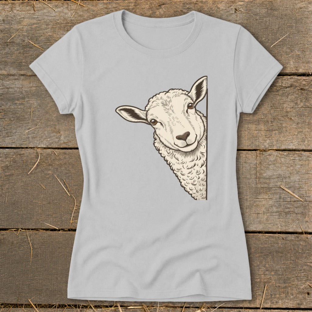 Light gray t-shirt with a graphic of a sheep peeking from the right side.