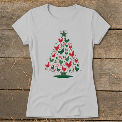 Grey t-shirt with a Christmas tree made of red and green chickens.