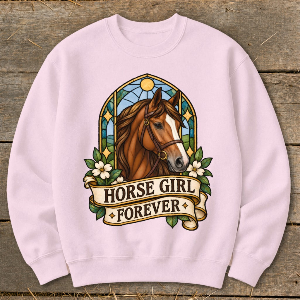 Brown horse head portrait within arched stained glass, with text "HORSE GIRL FOREVER".