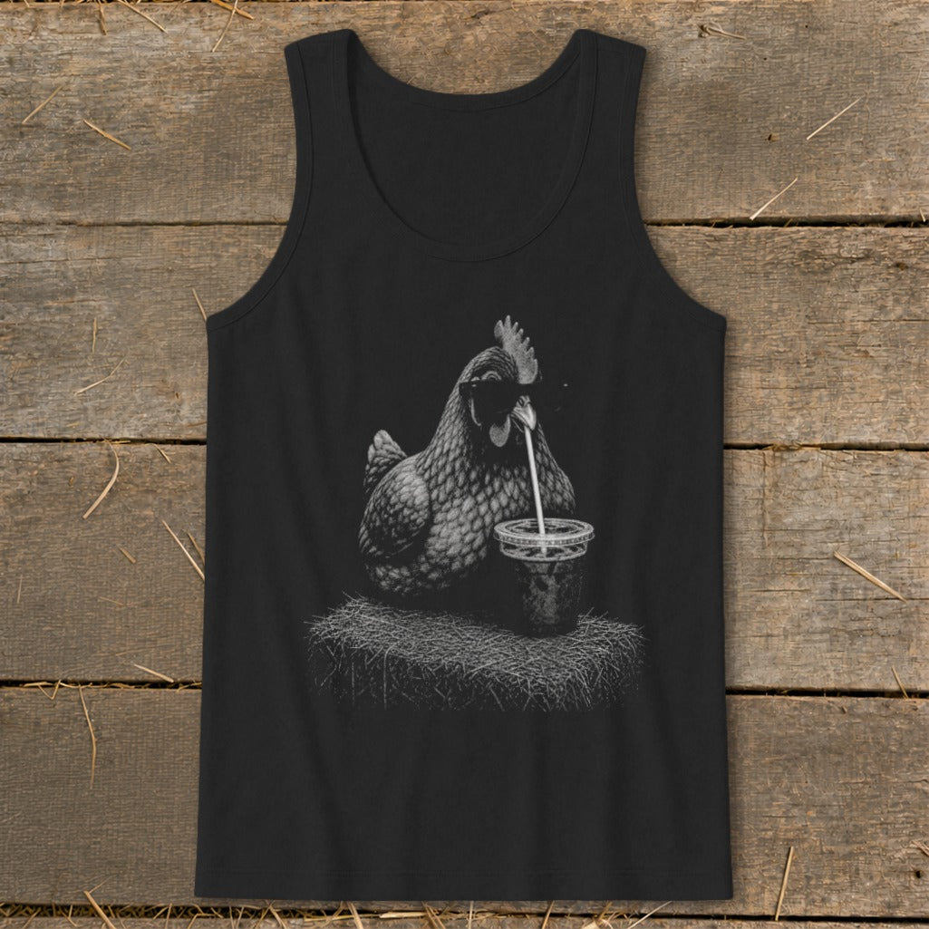 Black tank top with chicken graphic sipping drink through a straw.