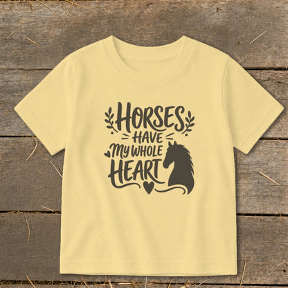 Light yellow t-shirt with "Horses Have My Whole Heart" text and horse silhouette.