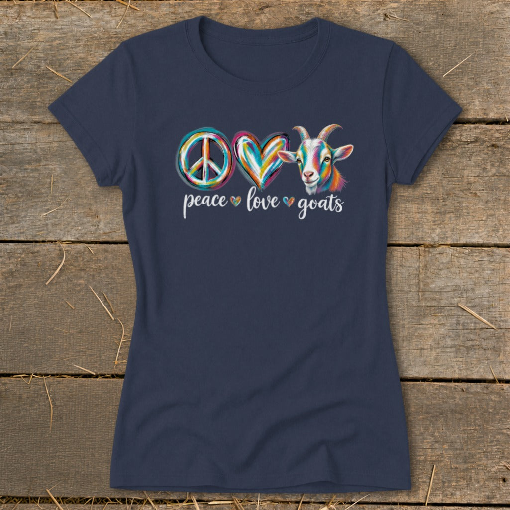 Navy t-shirt with peace, heart, and colorful goat graphic saying "peace love goats".