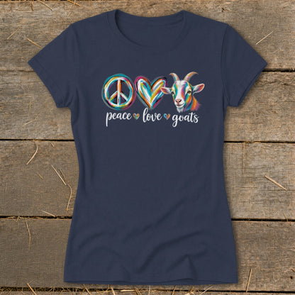 Navy t-shirt with peace, heart, and colorful goat graphic saying "peace love goats".