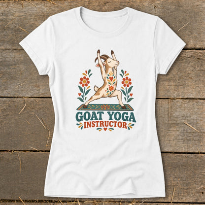 White t-shirt with a goat in a yoga pose and "Goat Yoga Instructor" text.