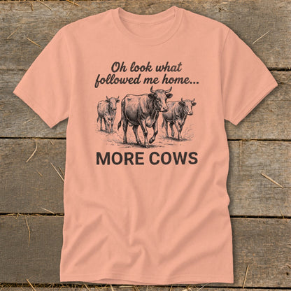 Peach t-shirt with three cows and text "Oh look what followed me home... MORE COWS".