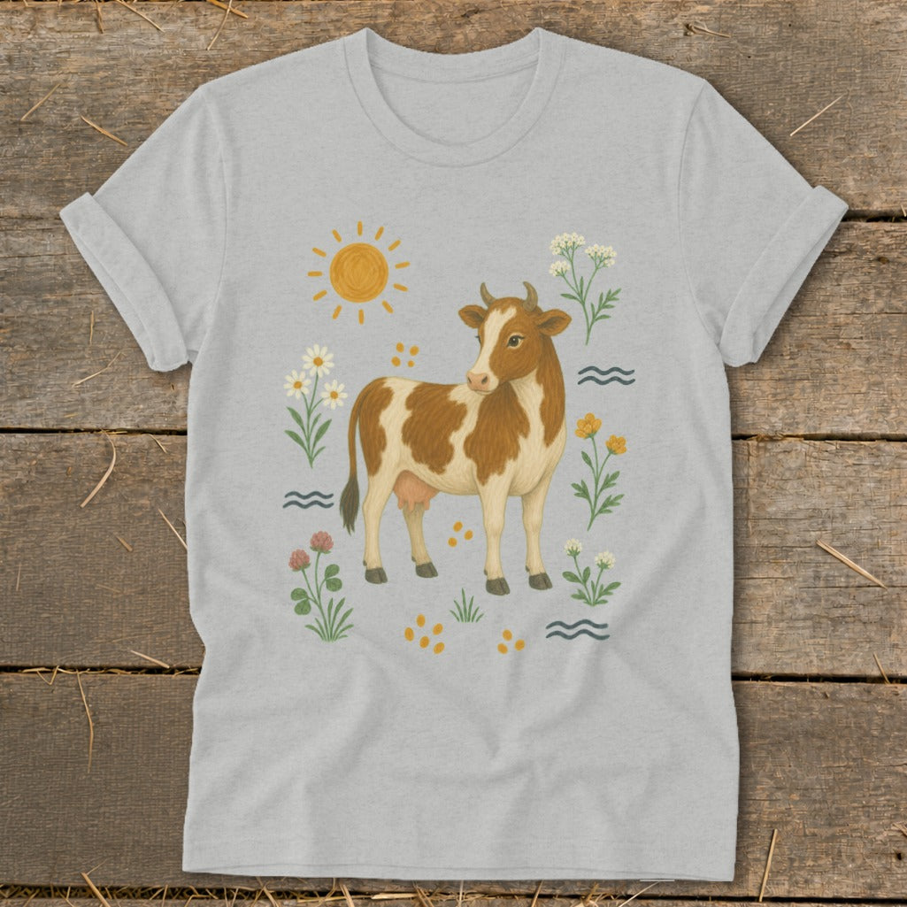 Brown and white cow with flowers, sun, and waves design on a light grey t-shirt.