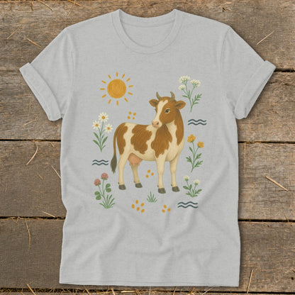 Brown and white cow with flowers, sun, and waves design on a light grey t-shirt.