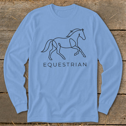 Light blue long-sleeve shirt with black line art of a horse and the word "EQUESTRIAN".