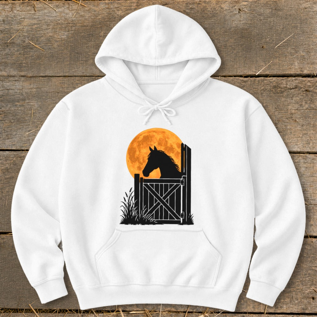 A white hooded sweatshirt features a graphic of a horse silhouetted against an orange moon.