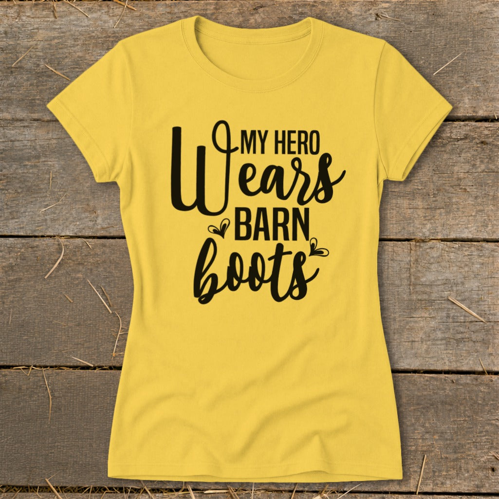 Yellow t-shirt with black text reading "MY HERO Wears BARN boots".