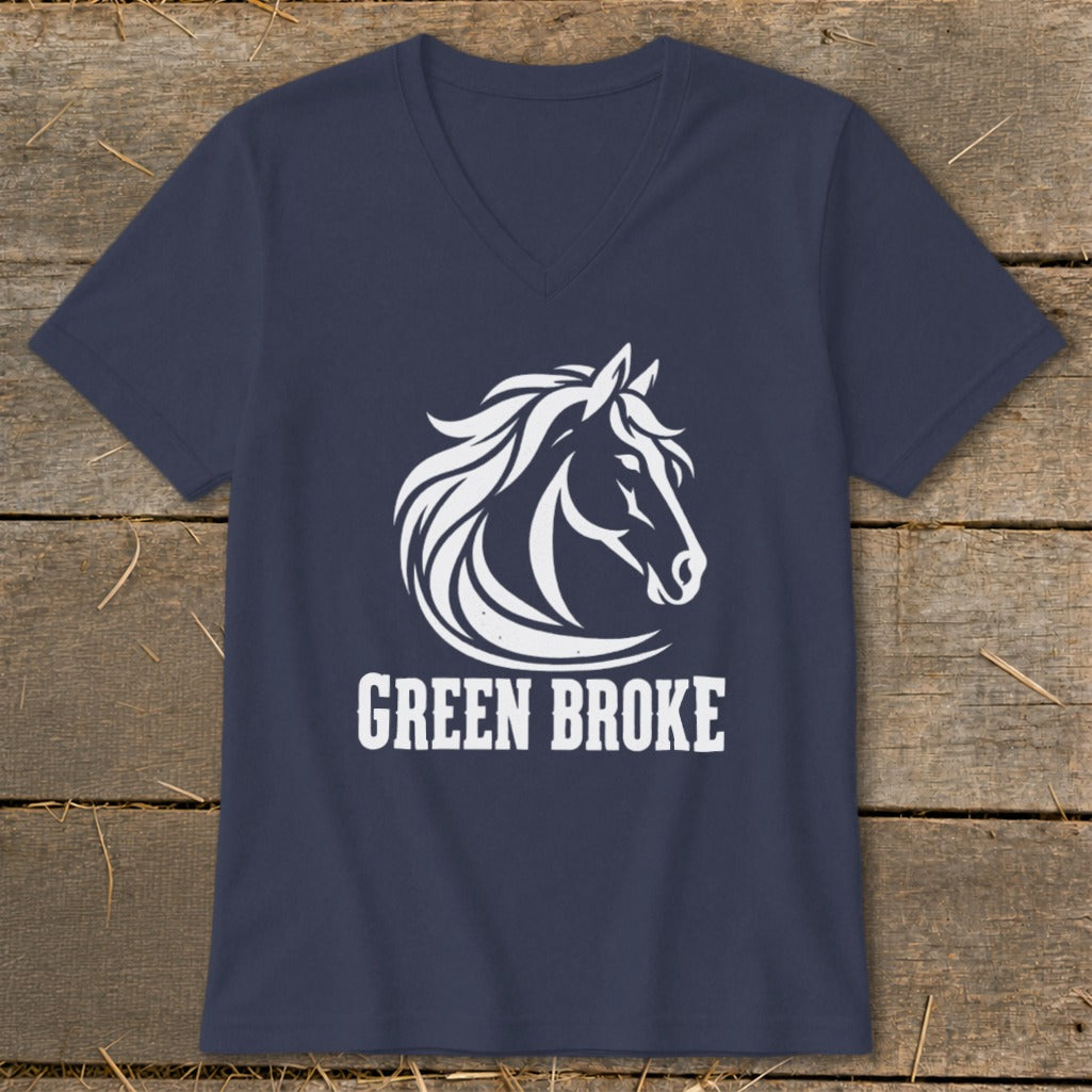 A navy blue V-neck t-shirt featuring a white horse head silhouette above the text Green Broke.