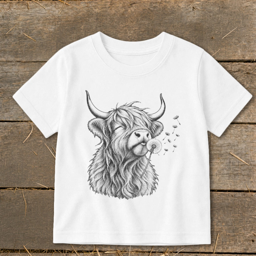 White t-shirt with a detailed sketch of a Highland cow blowing on a dandelion.
