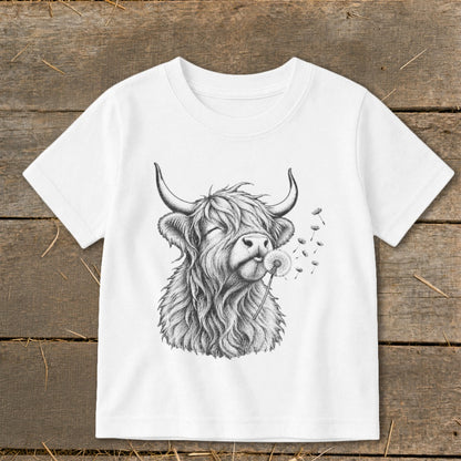 White t-shirt with a detailed sketch of a Highland cow blowing on a dandelion.