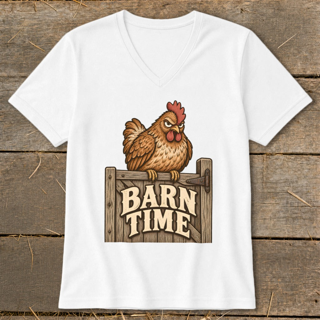 Brown chicken perched on wooden fence with "BARN TIME" text.