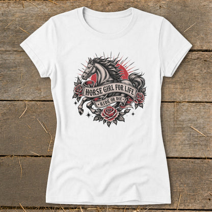 White t-shirt with a distressed tattoo-style graphic of a horse, roses, and banner text.