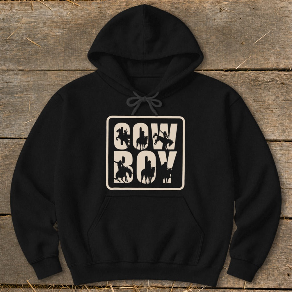 Black hoodie with a white rectangle graphic featuring "COW BOY" text and cowboy silhouettes.