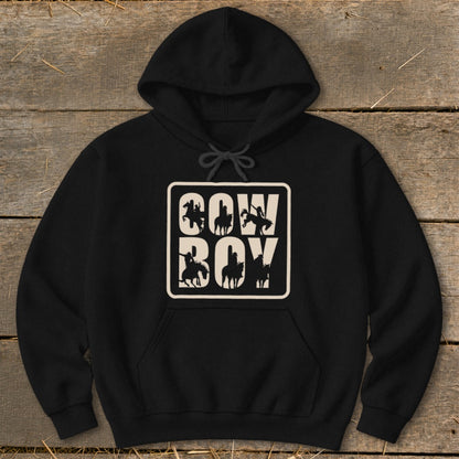 Black hoodie with a white rectangle graphic featuring "COW BOY" text and cowboy silhouettes.