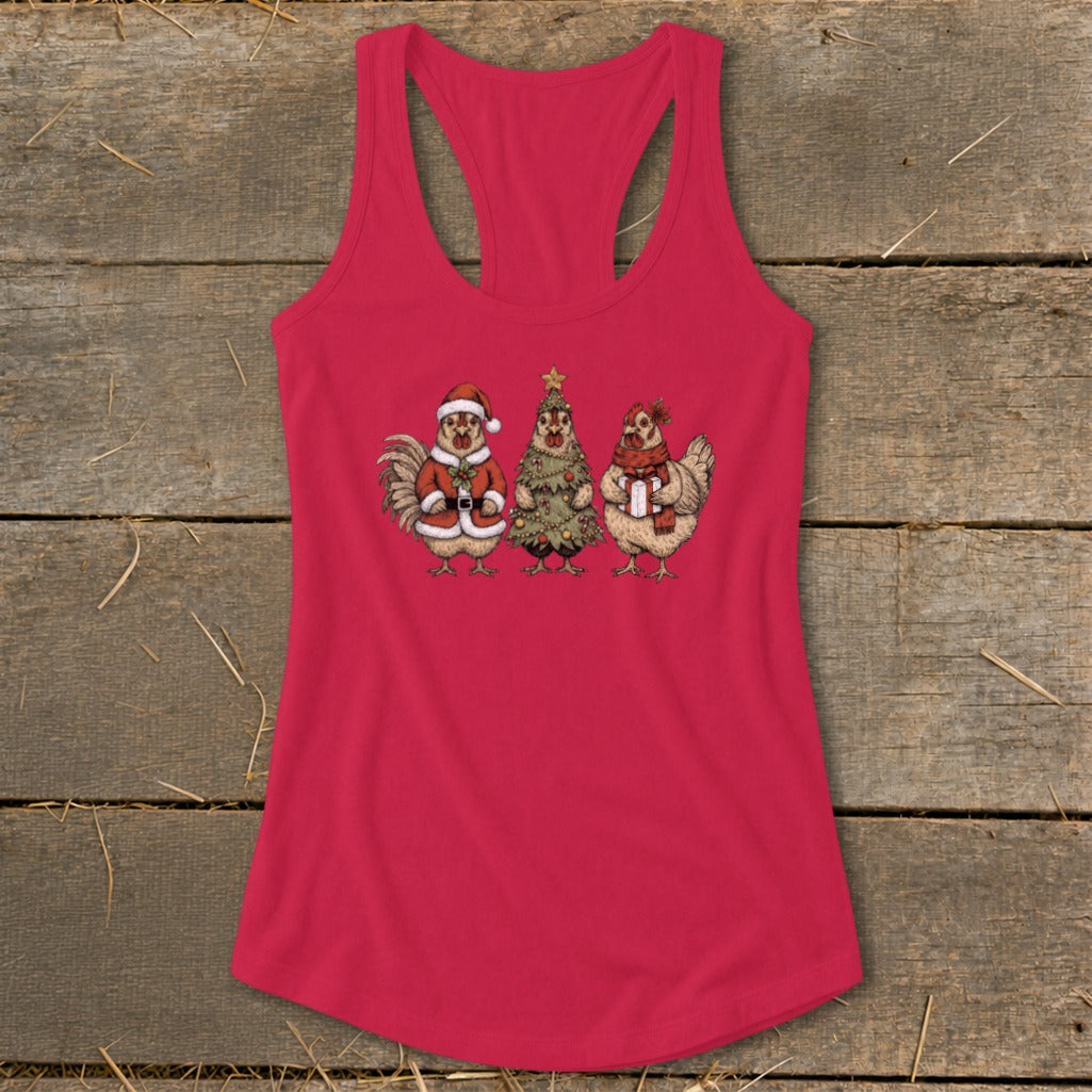 Three cartoon chickens, dressed for Christmas, on a red tank top.