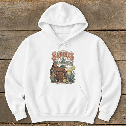 White hoodie with "Saddles & Margaritas" graphic featuring saddle, margarita, and cactus.