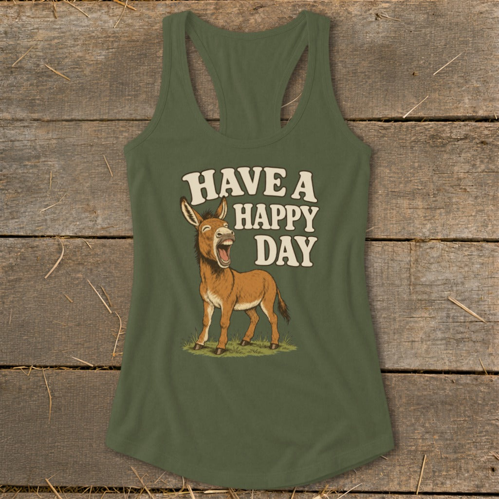 Green tank top with a cartoon donkey and text that reads "HAVE A HAPPY DAY".
