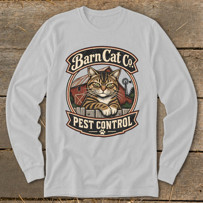 Light gray long-sleeve t-shirt featuring a vintage Barn Cat Co Pest Control graphic with a tabby cat.