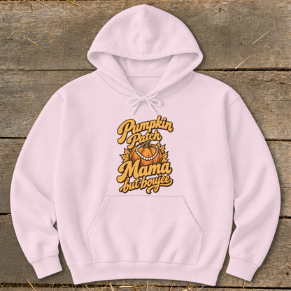 Pink hoodie with "Pumpkin Patch Mama but boujee" text and pumpkin graphic.