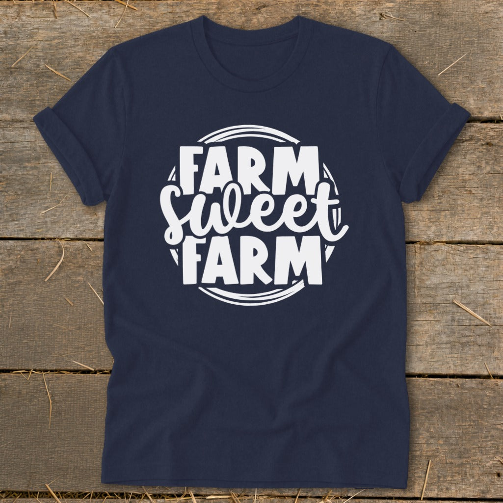 Navy t-shirt with "FARM Sweet FARM" text in a white circle design.