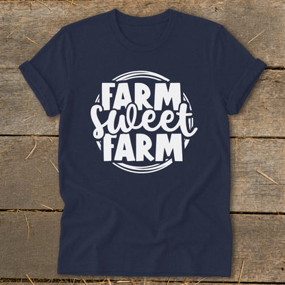 Navy t-shirt with "FARM Sweet FARM" text in a white circle design.