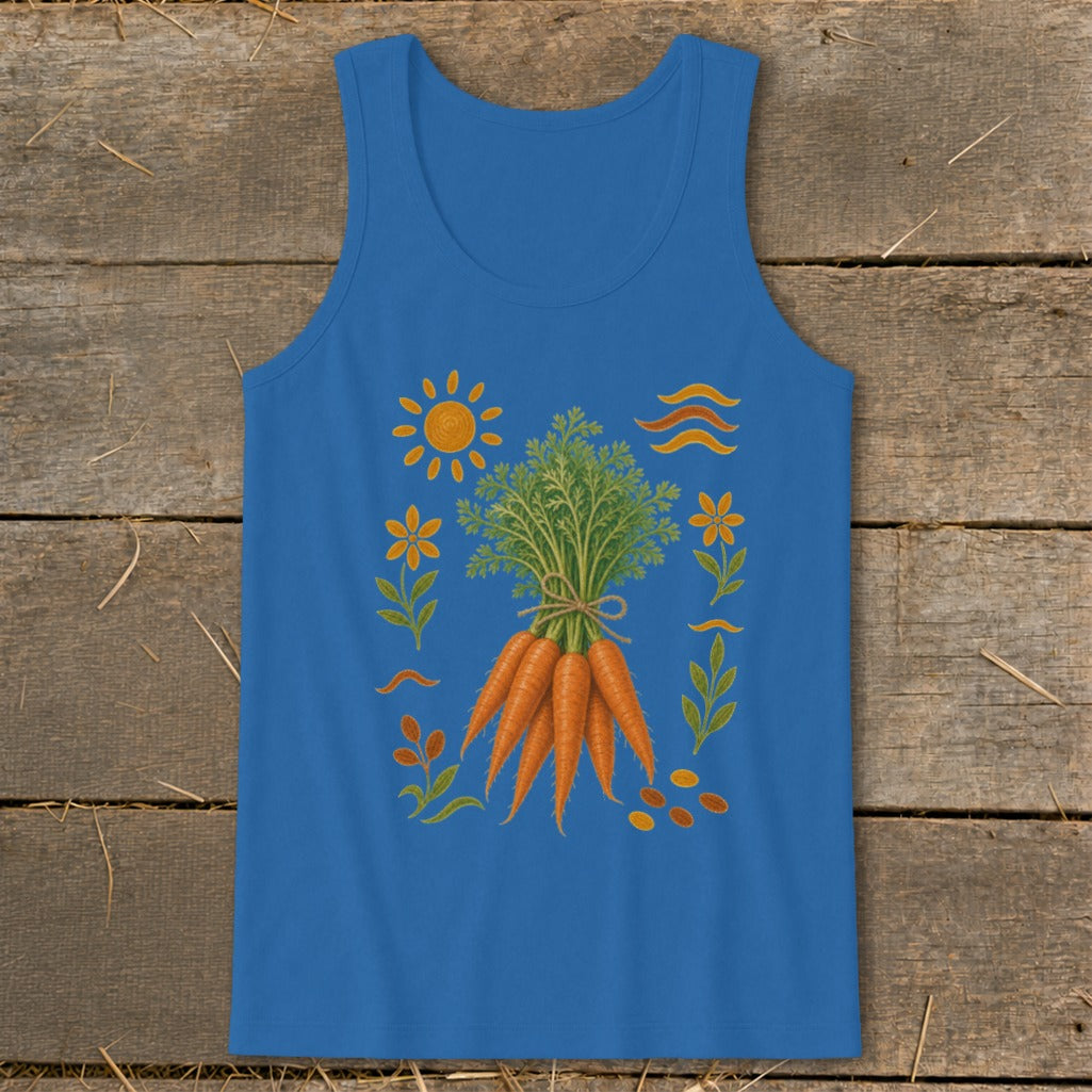 Blue tank top with a bunch of carrots, sun, and flowers design.