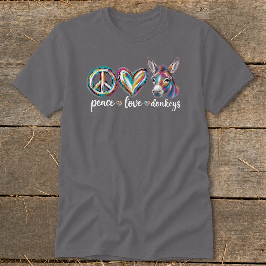 Gray t-shirt with peace sign, heart, and donkey illustration and text.