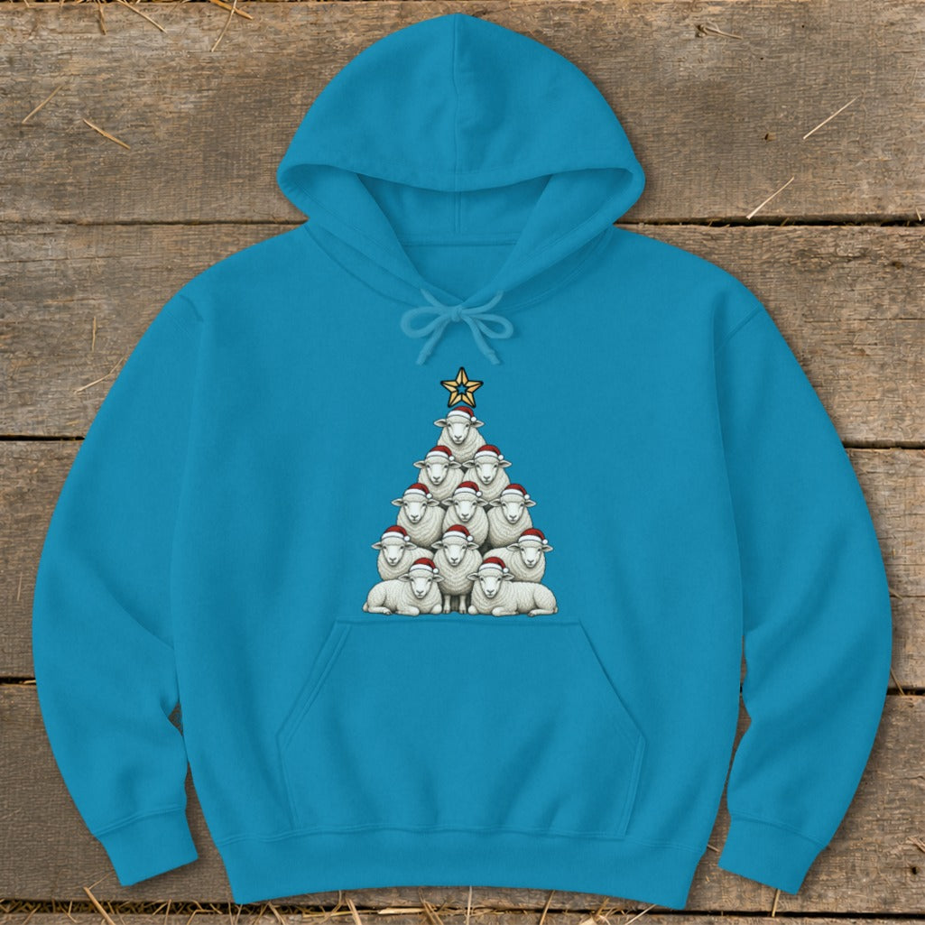 Turquoise hoodie with a Christmas tree made of sheep wearing Santa hats.
