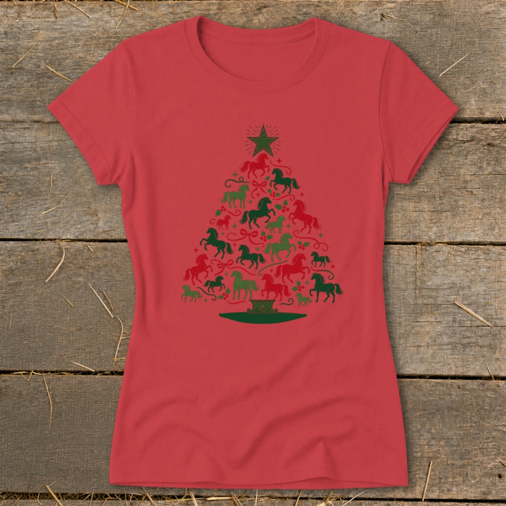 Red t-shirt with green and red horse Christmas tree graphic.