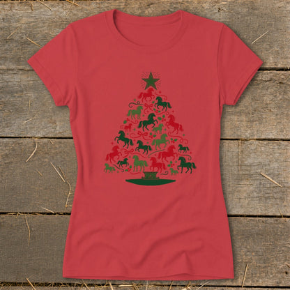 Red t-shirt with green and red horse Christmas tree graphic.