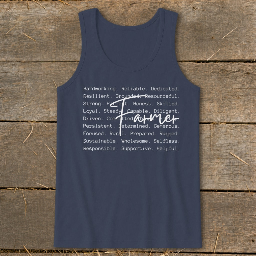 Dark blue tank top with "Farmer" and related adjectives printed in white.