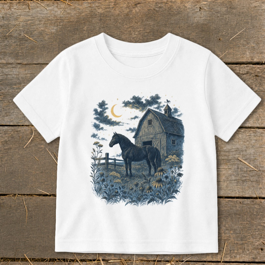 Black horse in a field with a barn under a crescent moon.