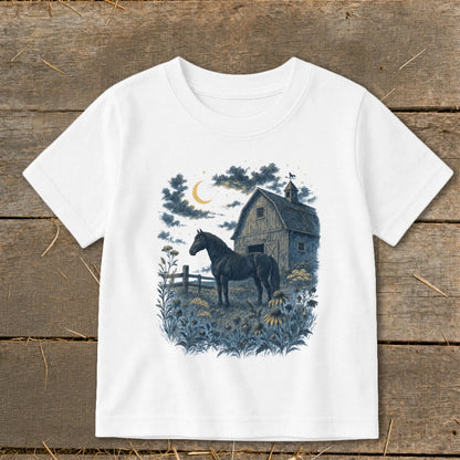 Black horse in a field with a barn under a crescent moon.