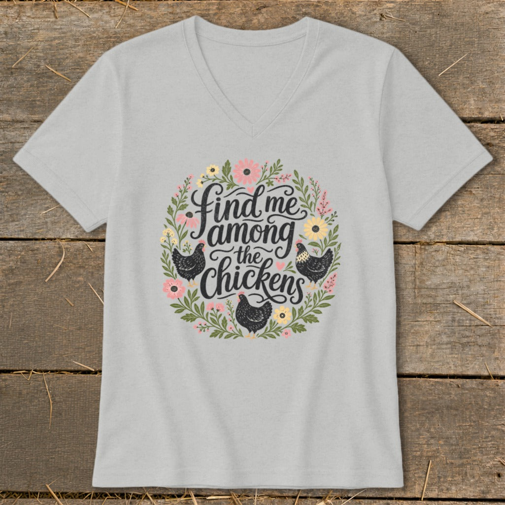 Light grey t-shirt with "Find me among the chickens" text and chicken illustrations.