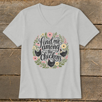 Light grey t-shirt with "Find me among the chickens" text and chicken illustrations.