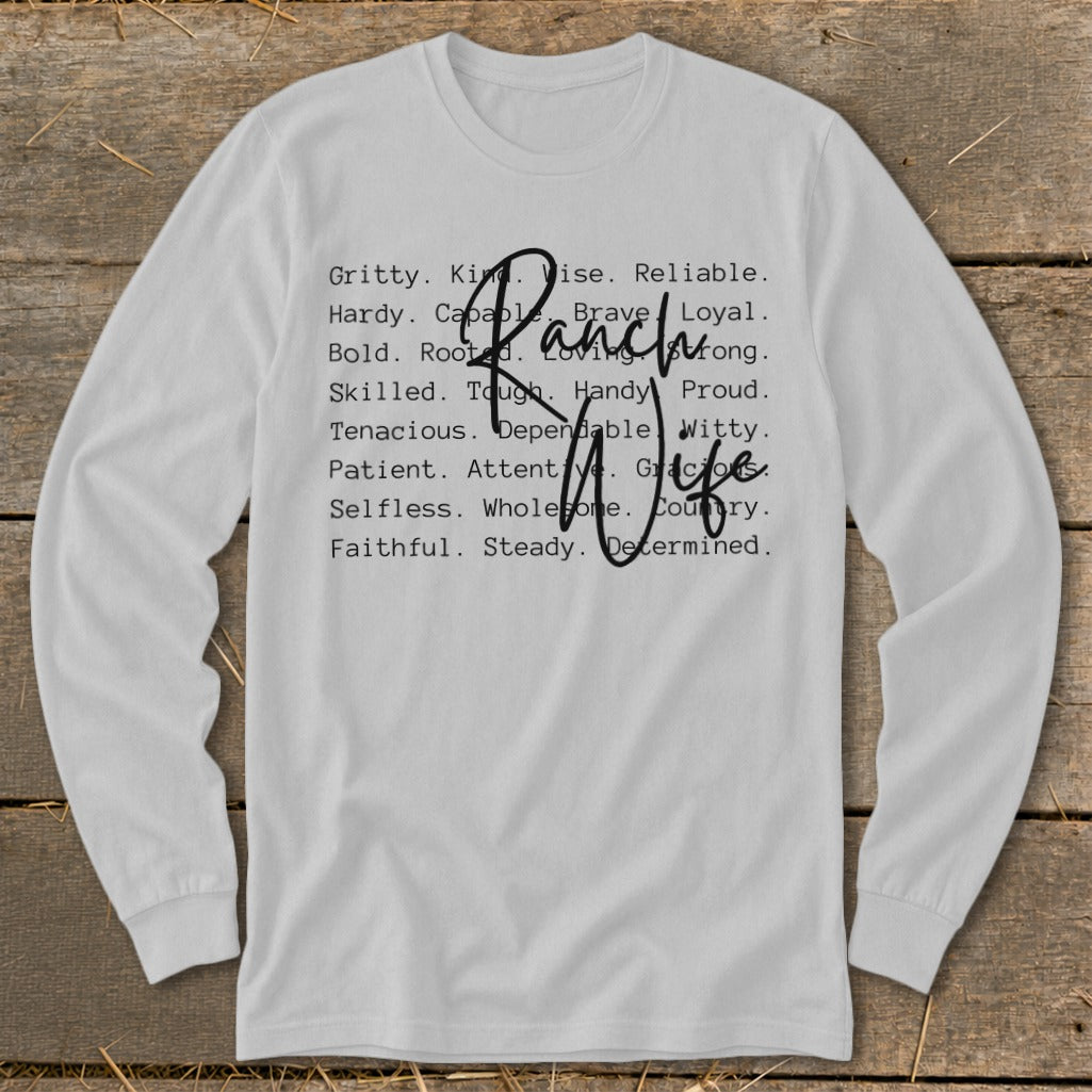 White long-sleeve shirt with "Ranch Wife" and descriptive words.
