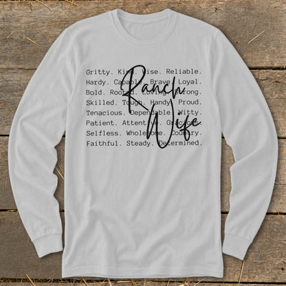 White long-sleeve shirt with "Ranch Wife" and descriptive words.